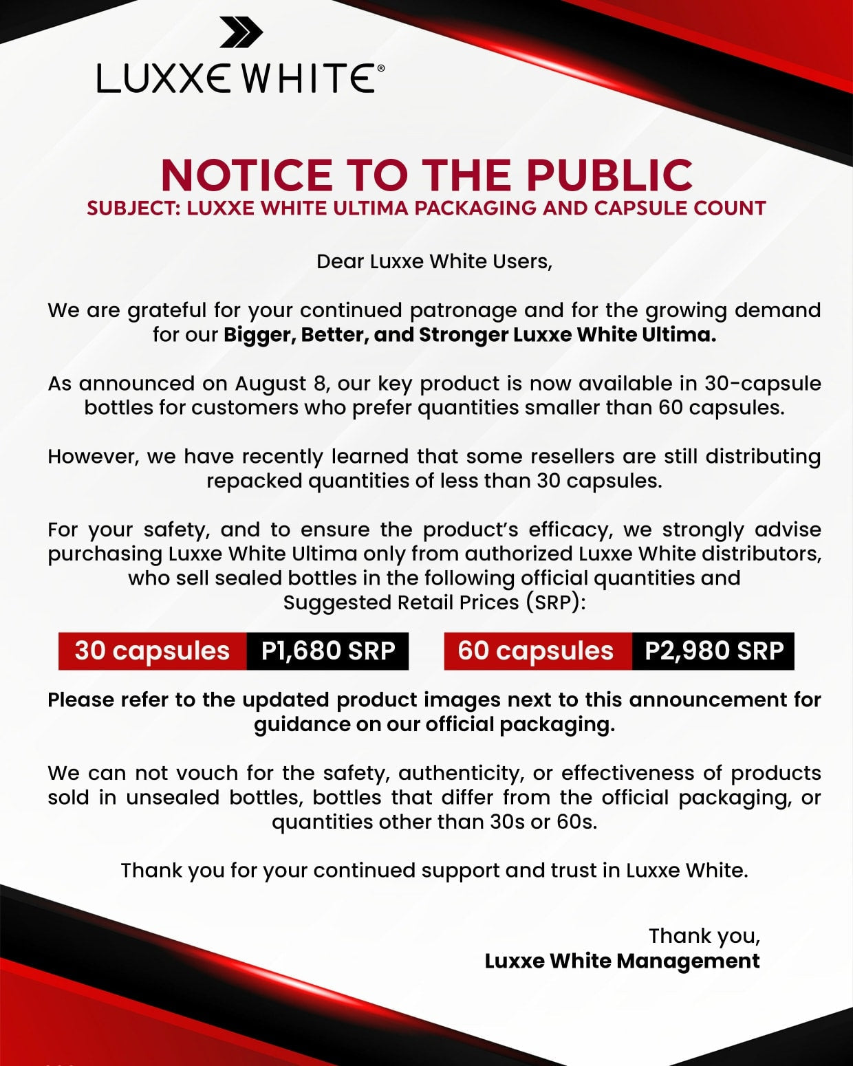 Luxxe White Ultima 30 & 60 Capsules Official Bottles & Labels