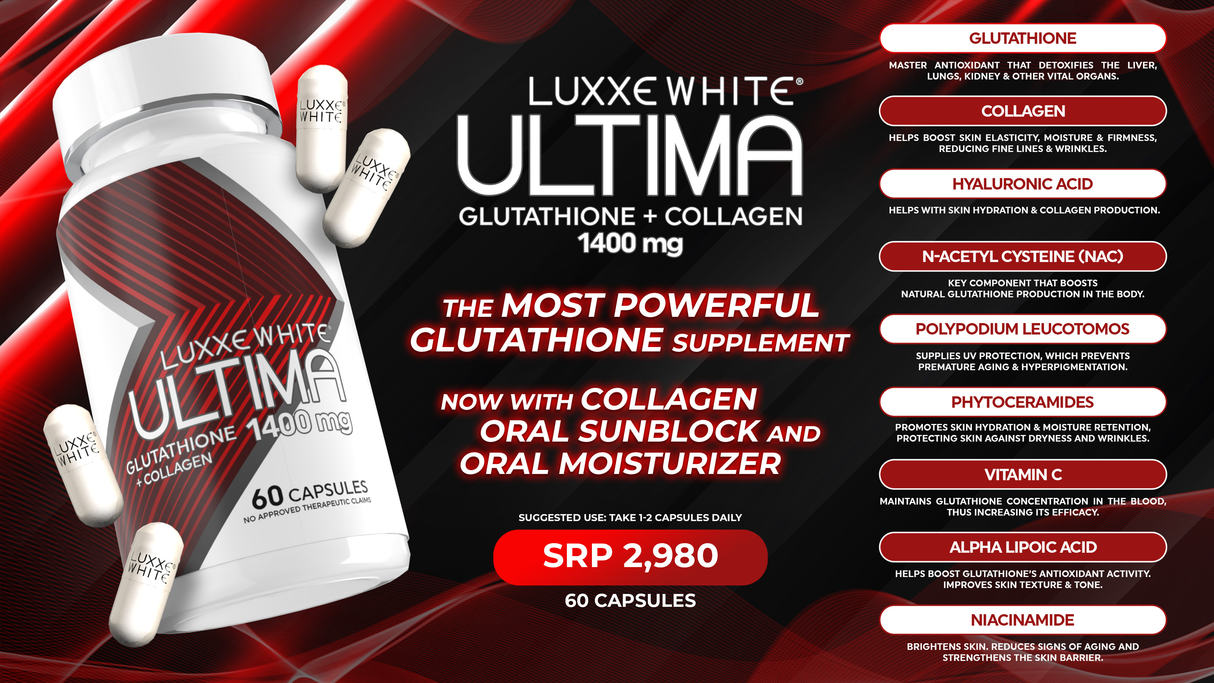 Luxxe White Ultima Glutathion + Collagène avec écran solaire oral et hydratant oral 1400 mg 60 capsules Supplément