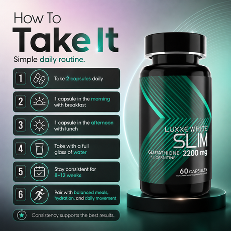 Luxxe White Slim: 5-in-1 Metabolic Transformation - Glutathione + L-Carnitine + Garcinia + Cordyceps + Lion's Mane 2200mg