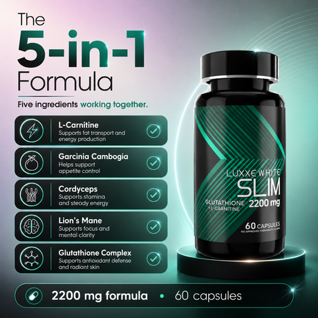 Luxxe White Slim: 5-in-1 Metabolic Transformation - Glutathione + L-Carnitine + Garcinia + Cordyceps + Lion's Mane 2200mg