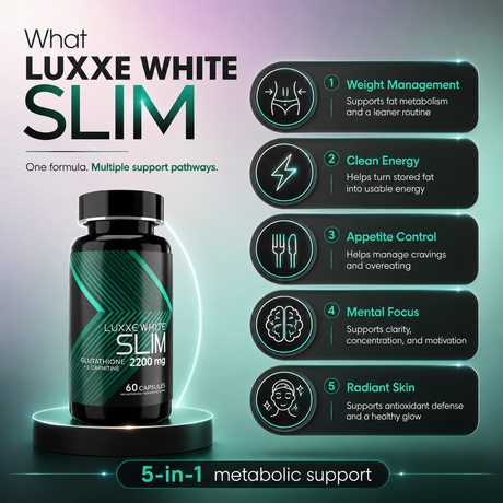 Luxxe White Slim: 5-in-1 Metabolic Transformation - Glutathione + L-Carnitine + Garcinia + Cordyceps + Lion's Mane 2200mg