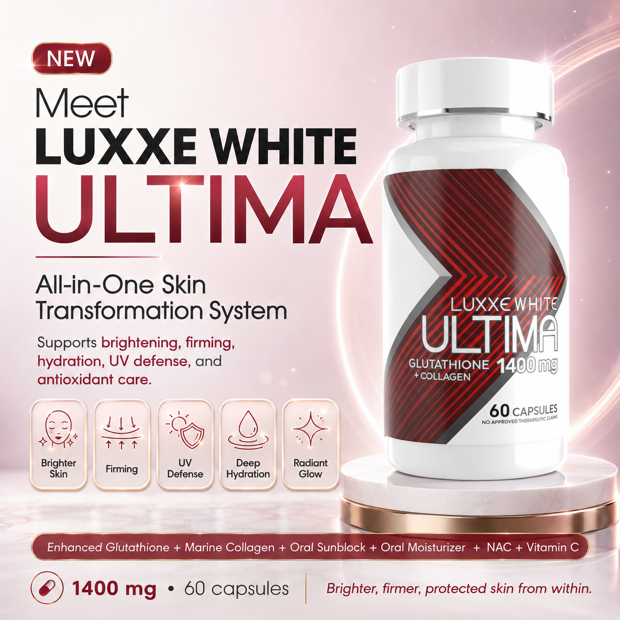 Luxxe White Ultima: The World's First All-in-One Skin System - Glutathione + Collagen + Oral Sunblock 1400mg