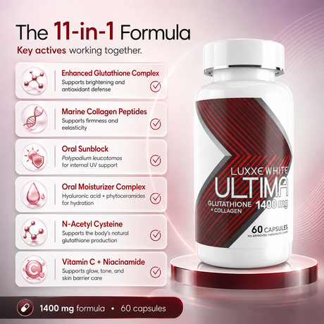 Luxxe White Ultima: The World's First All-in-One Skin System - Glutathione + Collagen + Oral Sunblock 1400mg